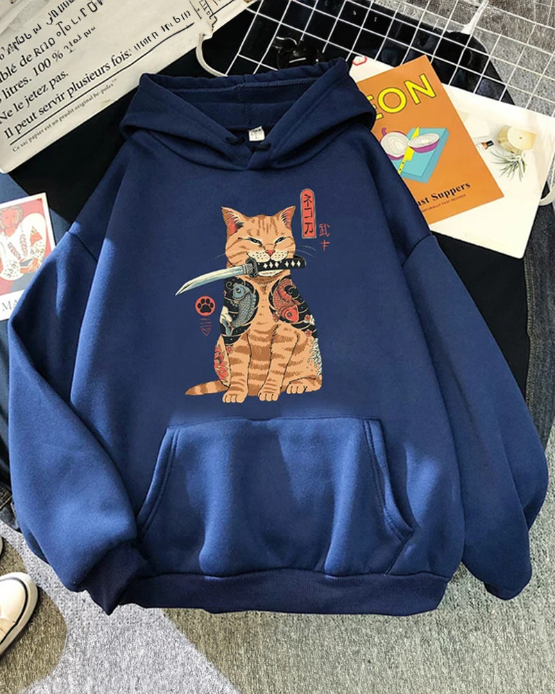 Y2K Grunge Samurai Cat Hoodie - Retro 90S Fashion, Pastel Goth, Y2K Summer & Party Outfits
