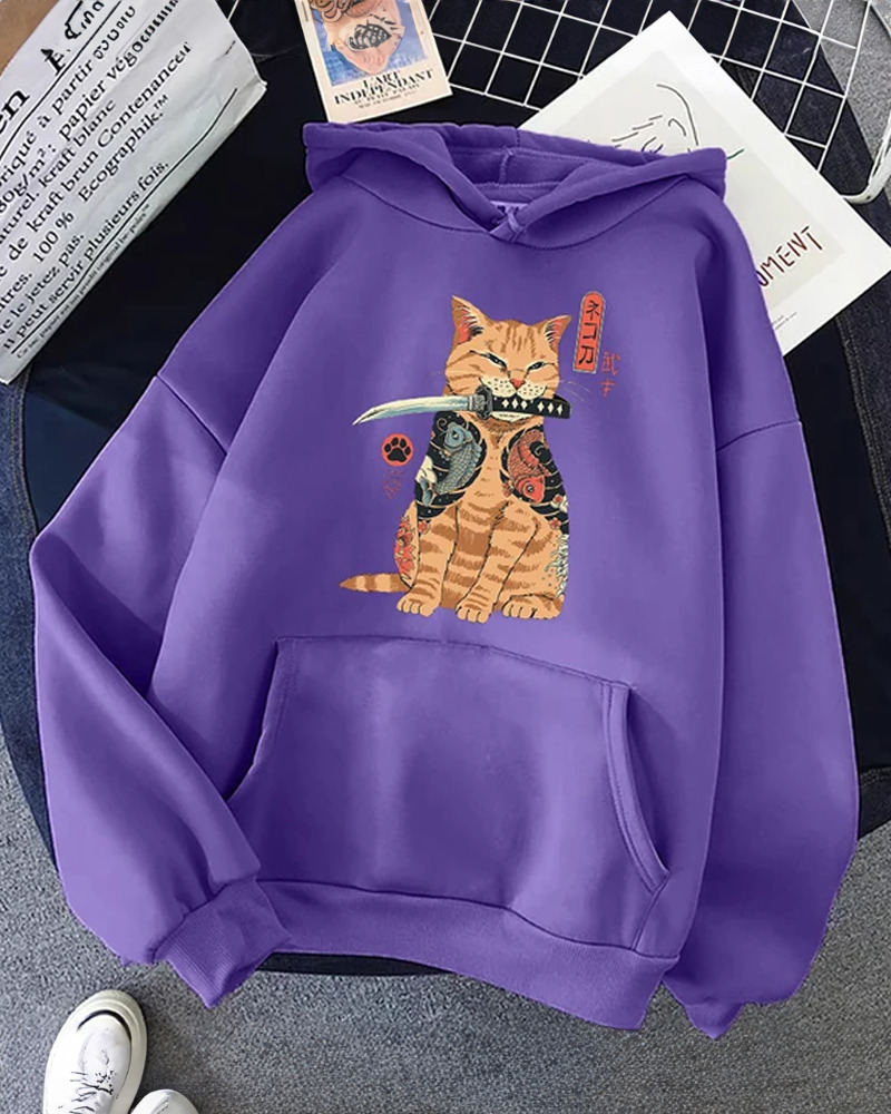 Y2K Grunge Samurai Cat Hoodie - Retro 90S Fashion, Pastel Goth, Y2K Summer & Party Outfits