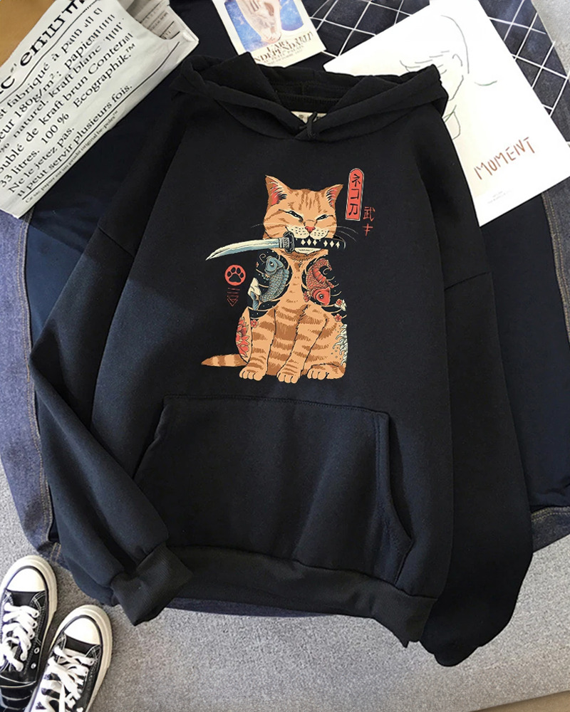 Y2K Grunge Samurai Cat Hoodie - Retro 90S Fashion, Pastel Goth, Y2K Summer & Party Outfits