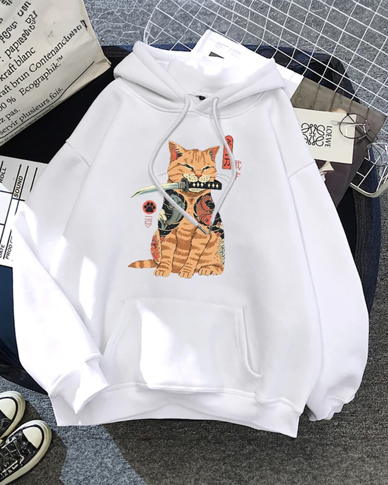 Y2K Grunge Samurai Cat Hoodie - Retro 90S Fashion, Pastel Goth, Y2K Summer & Party Outfits