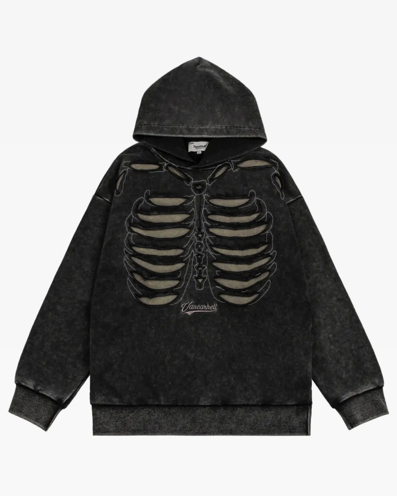 Y2K Grunge Skeleton Ribcage Hoodie - 90S Retro Goth Fashion, Perfect For Y2K Summer Outfits