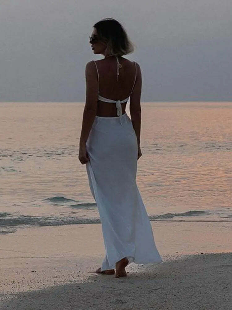 Y2K Grunge Sleeveless Hollow Out Maxi Dress - Sexy Lace Up Backless Slim Fit Beach Party Robe
