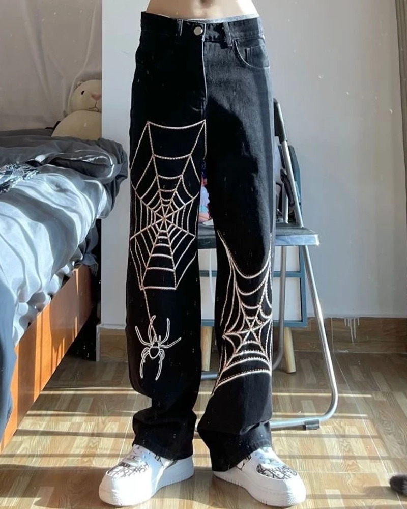 Y2K Grunge Spider Web Jeans - 90S Fashion, Retro Style, Gothic Y2K, Summer Y2K Outfits