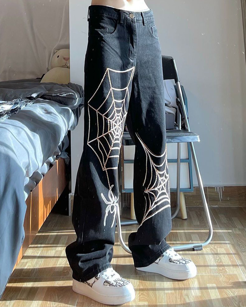 Y2K Grunge Spider Web Jeans - 90S Fashion, Retro Style, Gothic Y2K, Summer Y2K Outfits