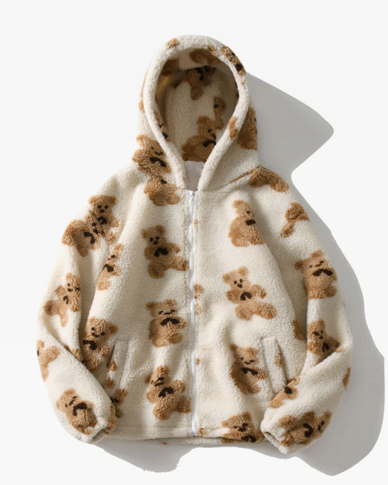 Y2K Grunge Teddy Bear Fleece Jacket - Retro 90S Fashion, Summer Y2K Outfits, Pastel Goth Style