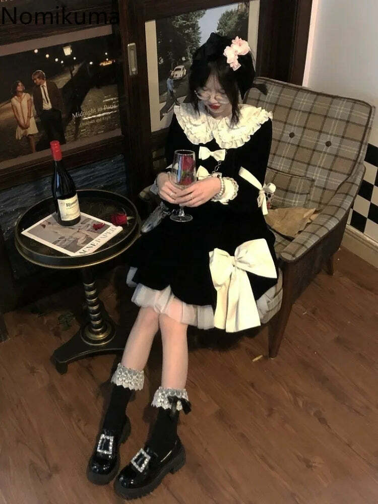 Y2K Grunge Velvet Dress - Cute Peter Pan Collar A-Line Black Robe Femme With Bow Bandage