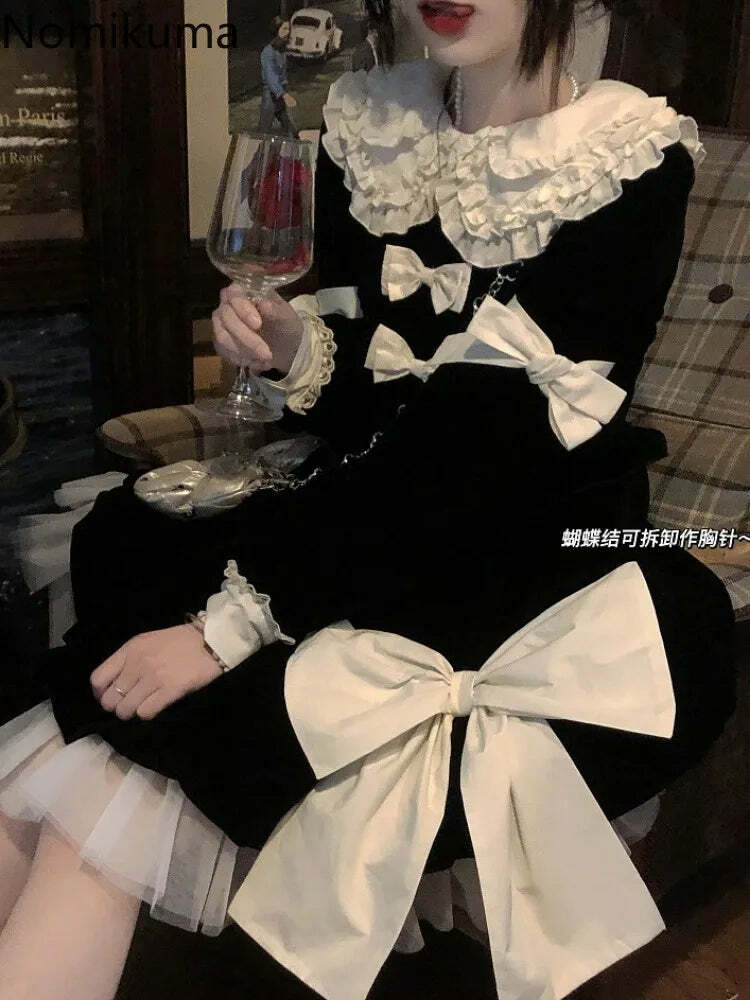 Y2K Grunge Velvet Dress - Cute Peter Pan Collar A-Line Black Robe Femme With Bow Bandage