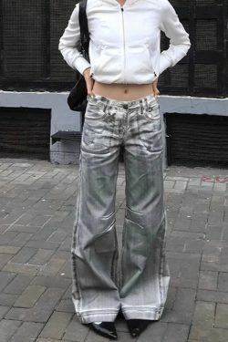 Y2K Grunge White Dirty Fit Baggy Low Waist Wide Leg Jeans - Vintage 90S Destroy Wash Denim Pants