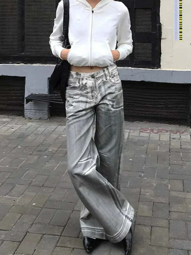 Y2K Grunge White Dirty Fit Baggy Low Waist Wide Leg Jeans - Vintage 90S Destroy Wash Denim Pants
