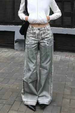 Y2K Grunge White Dirty Fit Baggy Low Waist Wide Leg Jeans - Vintage 90S Destroy Wash Denim Pants