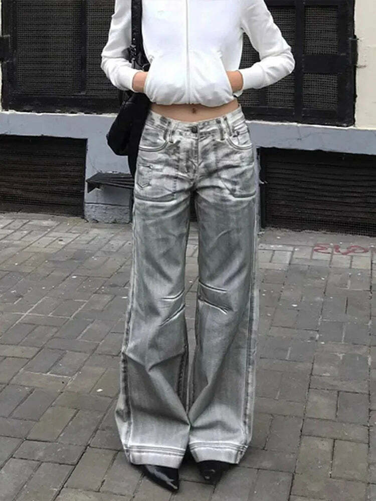 Y2K Grunge White Dirty Fit Baggy Low Waist Wide Leg Jeans - Vintage 90S Destroy Wash Denim Pants
