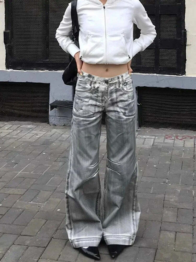 Y2K Grunge White Dirty Fit Baggy Low Waist Wide Leg Jeans - Vintage 90S Destroy Wash Denim Pants