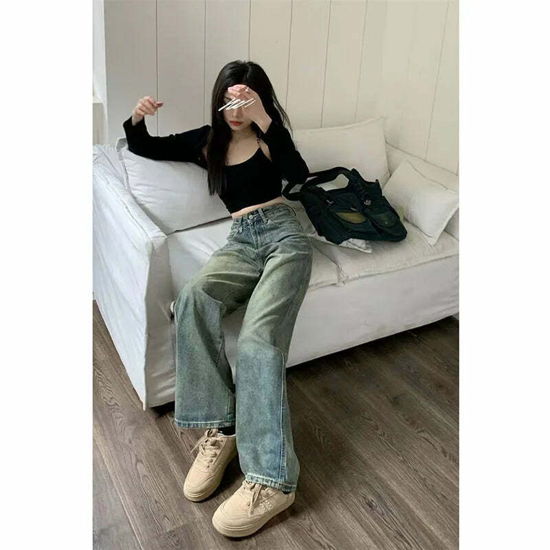 Y2K Grunge Wide Leg Jeans - High Waist Loose Straight Denim Pants - 90S Retro Streetwear