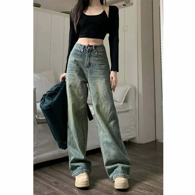 Y2K Grunge Wide Leg Jeans - High Waist Loose Straight Denim Pants - 90S Retro Streetwear