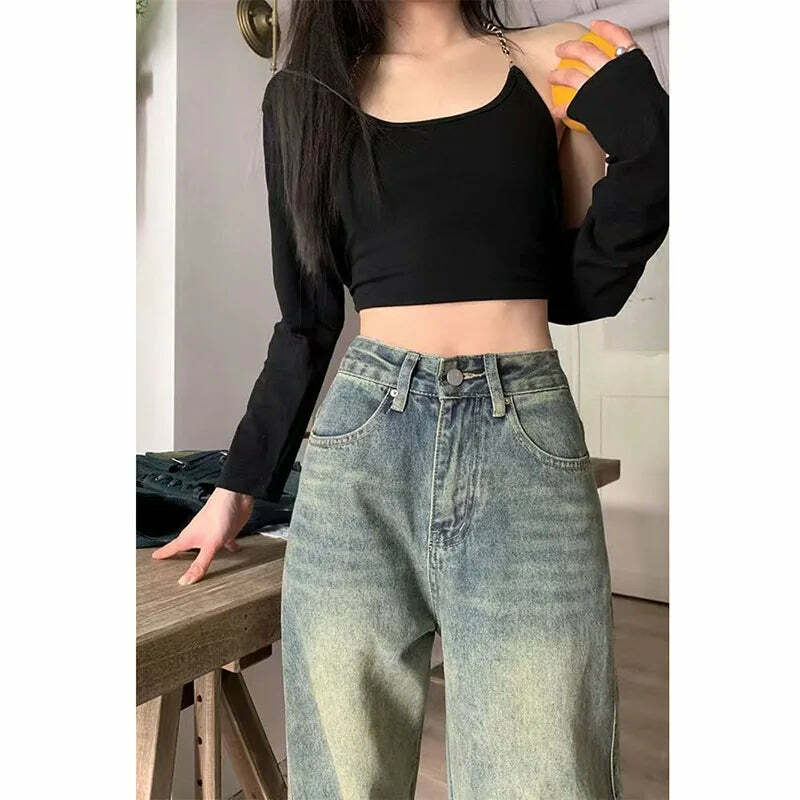 Y2K Grunge Wide Leg Jeans - High Waist Loose Straight Denim Pants - 90S Retro Streetwear