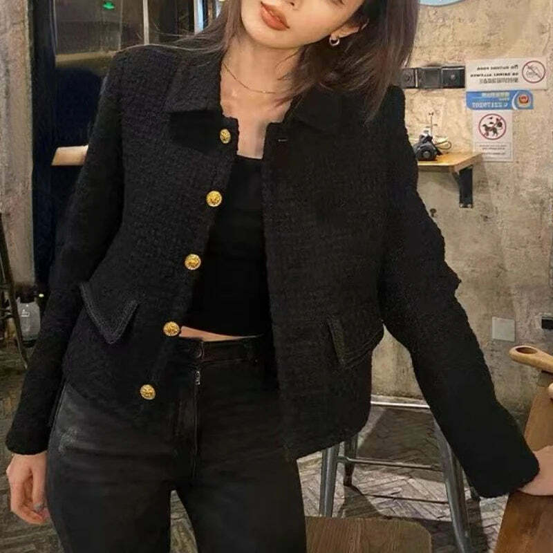 Y2K Grunge Wool Tweed Coat - Elegant Korean Chic Autumn Jacket For Women