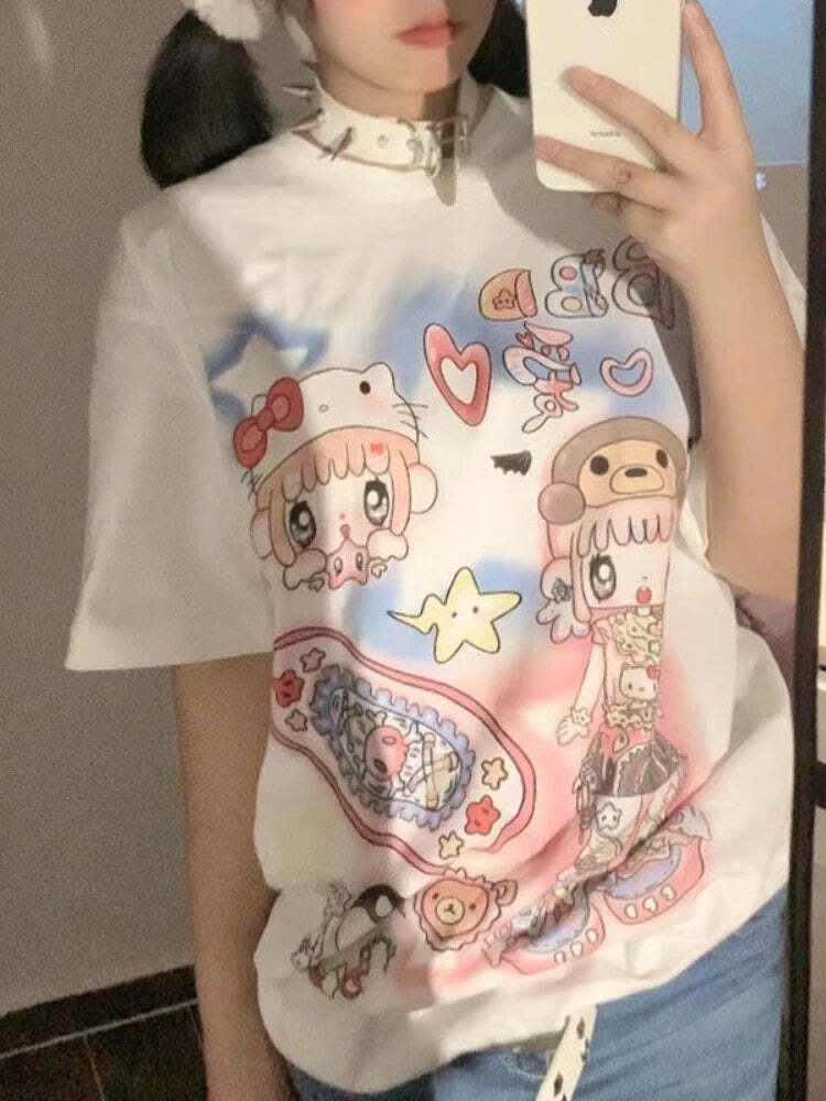 Y2K Harajuku Streetwear T-Shirts Women Kawaii Star Cartoon Print Loose Tees Grunge Summer Tops