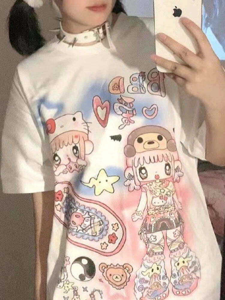 Y2K Harajuku Streetwear T-Shirts Women Kawaii Star Cartoon Print Loose Tees Grunge Summer Tops
