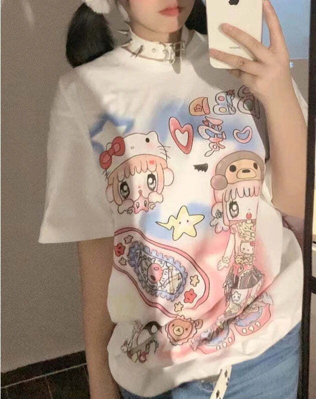 Y2K Harajuku Streetwear T-Shirts Women Kawaii Star Cartoon Print Loose Tees Grunge Summer Tops