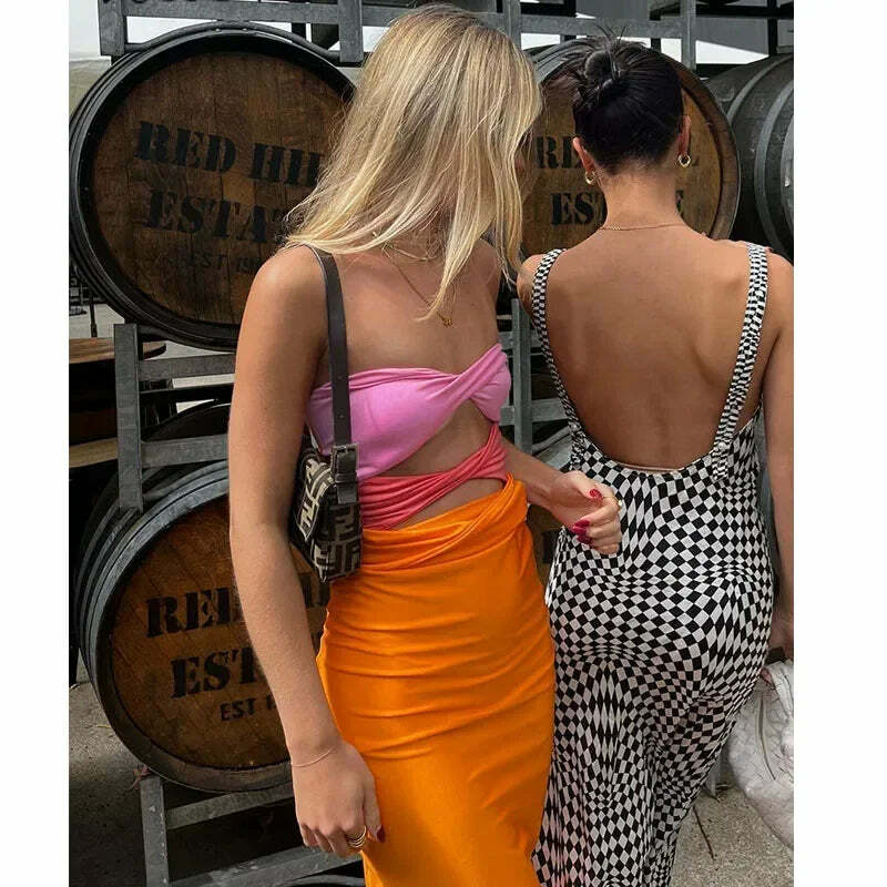 Y2K Hollow Out Sleeveless Backless Patchwork Bodycon Dress - Sexy Summer Beach Party Club Midi