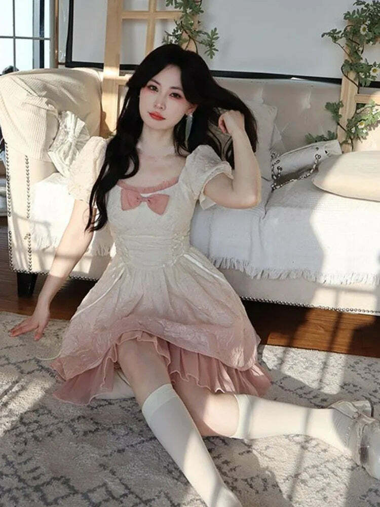 Y2K Kawaii Lolita Mini Dress - Pink Bow Princess Sweet Party A-Line Fairy Dress Spring