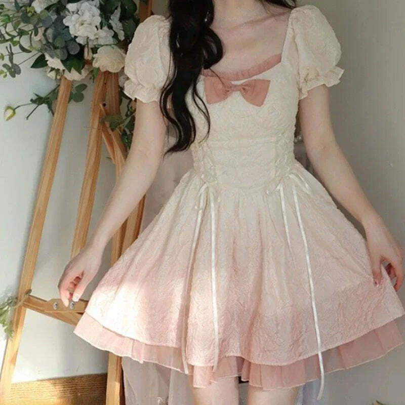 Y2K Kawaii Lolita Mini Dress - Pink Bow Princess Sweet Party A-Line Fairy Dress Spring