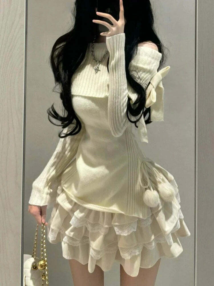 Y2K Kawaii Off-Shoulder Bow Top & Mini Skirt Set - Retro 90S Grunge Korean Fashion Outfit