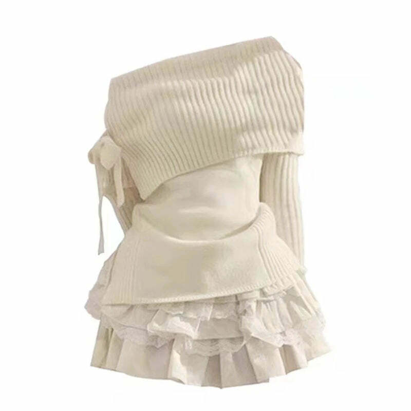 Y2K Kawaii Off-Shoulder Bow Top & Mini Skirt Set - Retro 90S Grunge Korean Fashion Outfit