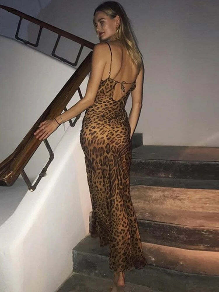 Y2K Leopard Maxi Dress - Retro 90S Grunge Summer Outfit, Y2K Party & Club Fashion