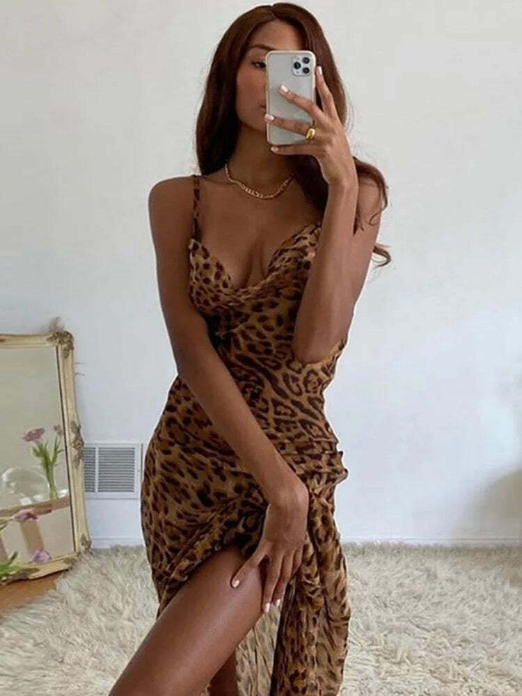 Y2K Leopard Maxi Dress - Retro 90S Grunge Summer Outfit, Y2K Party & Club Fashion