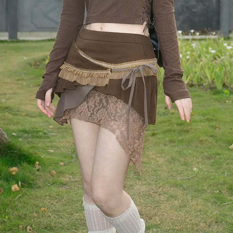 Y2K Low Waist Patchwork Vintage Mini Skirt - Irregular Bandage Lace Streetwear Grunge Outfit