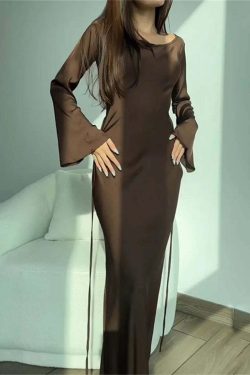 Y2K Maxi Dress Silk Satin Flare Sleeve Lace Up Slim Skirt - Sexy Chic Evening Party Outfit