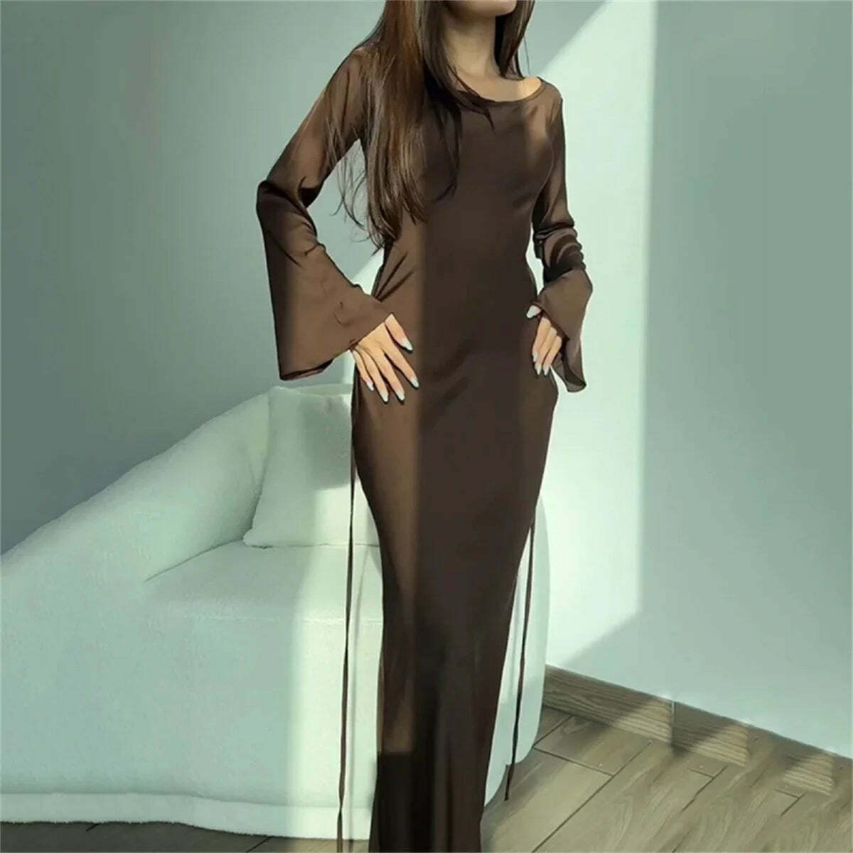 Y2K Maxi Dress Silk Satin Flare Sleeve Lace Up Slim Skirt - Sexy Chic Evening Party Outfit