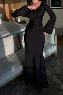 Y2K Maxi Dress Silk Satin Flare Sleeve Lace Up Slim Skirt - Sexy Chic Evening Party Outfit