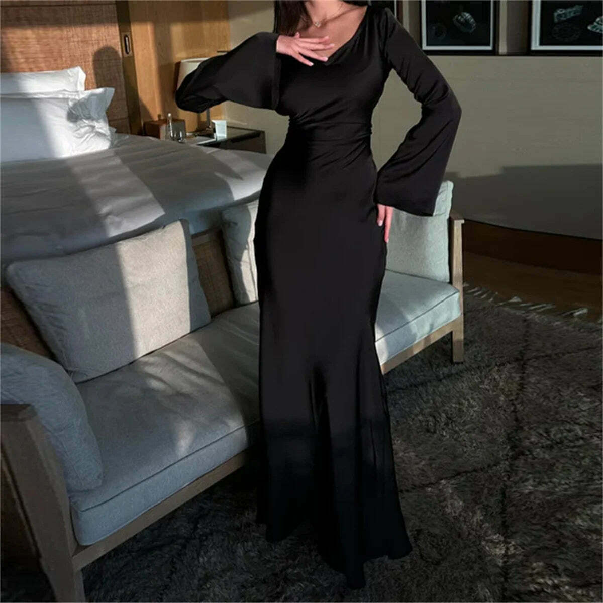 Y2K Maxi Dress Silk Satin Flare Sleeve Lace Up Slim Skirt - Sexy Chic Evening Party Outfit