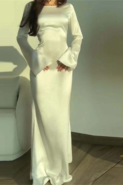 Y2K Maxi Dress Silk Satin Flare Sleeve Lace Up Slim Skirt - Sexy Chic Evening Party Outfit