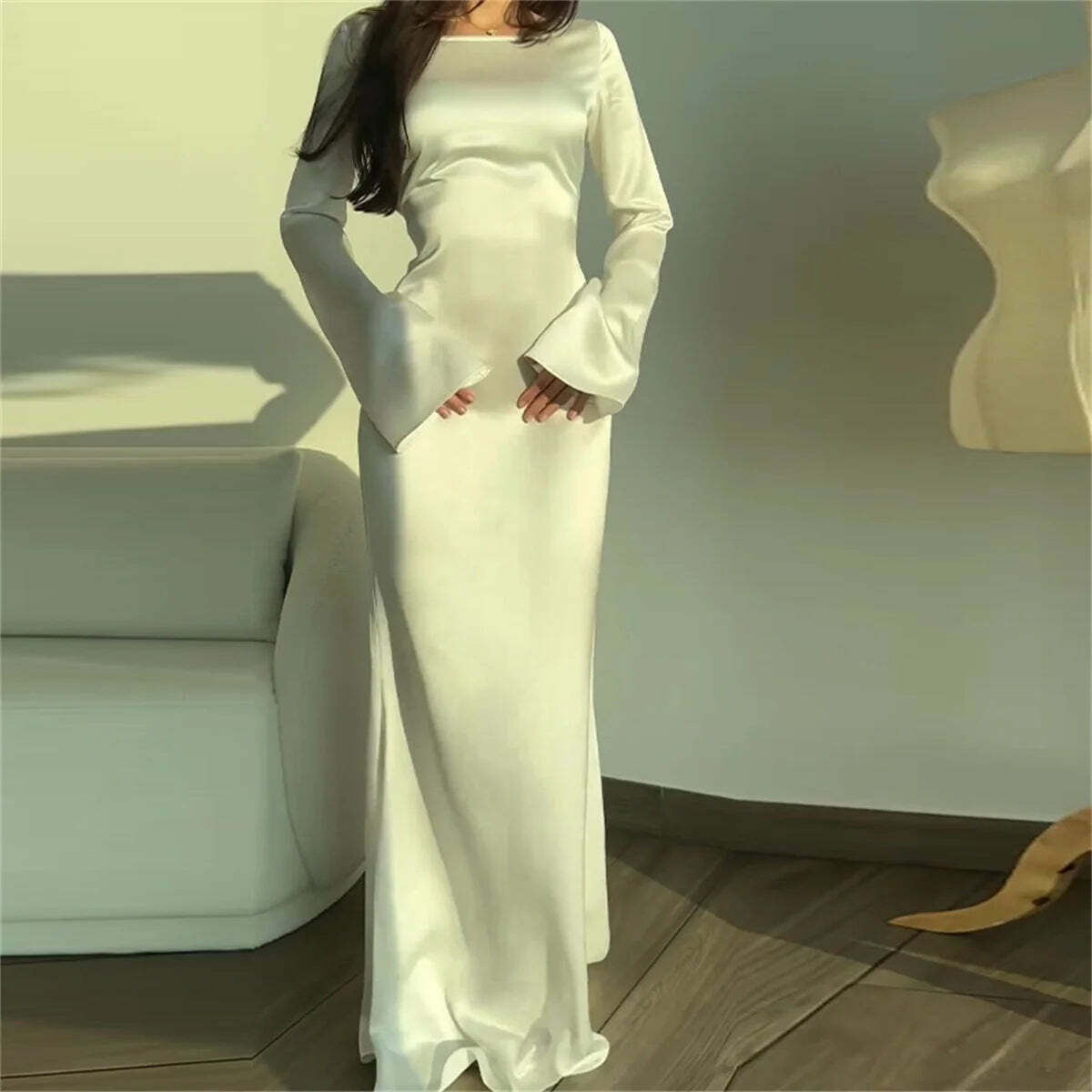 Y2K Maxi Dress Silk Satin Flare Sleeve Lace Up Slim Skirt - Sexy Chic Evening Party Outfit
