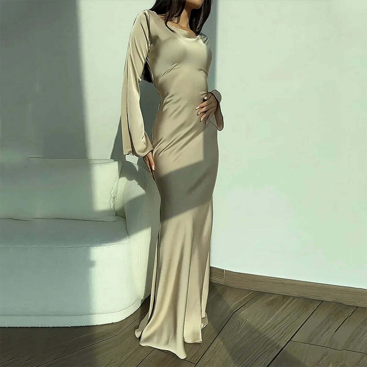 Y2K Maxi Dress Silk Satin Flare Sleeve Lace Up Slim Skirt - Sexy Chic Evening Party Outfit