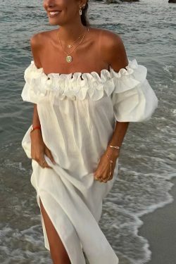 Y2K One Shoulder Ruffle Dress - Summer Casual Solid Slit Long Dress, 90S Grunge Hawaii Vibes