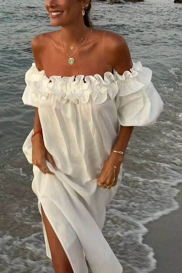 Y2K One Shoulder Ruffle Dress - Summer Casual Solid Slit Long Dress, 90S Grunge Hawaii Vibes