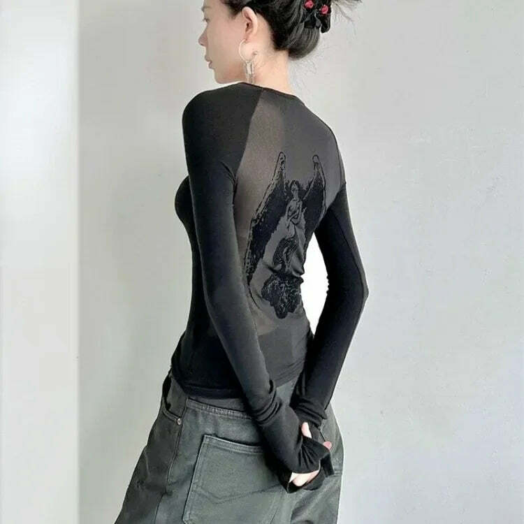 Y2K Retro Angel Print Slim Fit Long Sleeve T-Shirt For Women - Grunge E-Girl Fashion