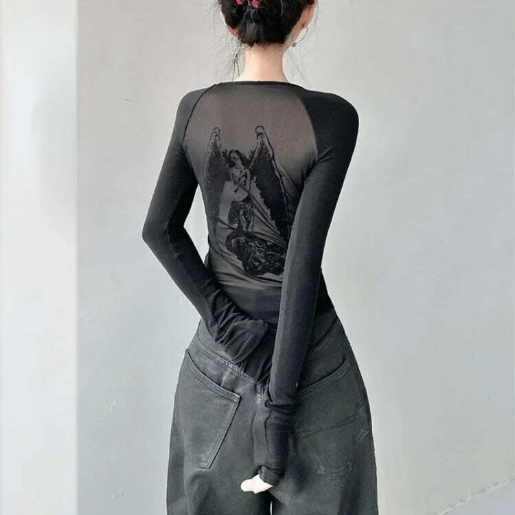 Y2K Retro Angel Print Slim Fit Long Sleeve T-Shirt For Women - Grunge E-Girl Fashion