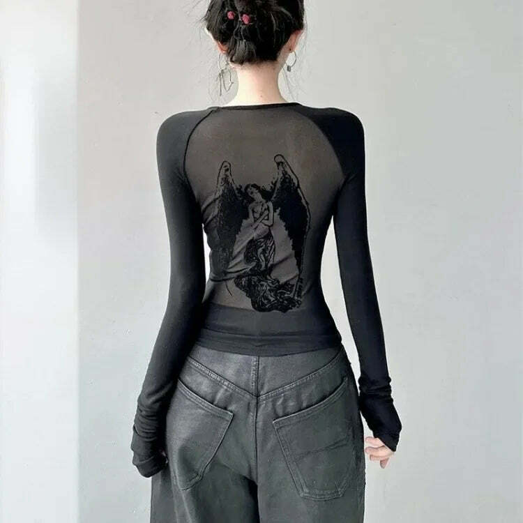 Y2K Retro Angel Print Slim Fit Long Sleeve T-Shirt For Women - Grunge E-Girl Fashion