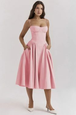 Y2K Sexy Solid Spaghetti Strap Pleated Backless Midi Dress - Elegant Grunge Party Outfit