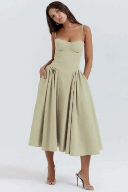Y2K Sexy Solid Spaghetti Strap Pleated Backless Midi Dress - Elegant Grunge Party Outfit