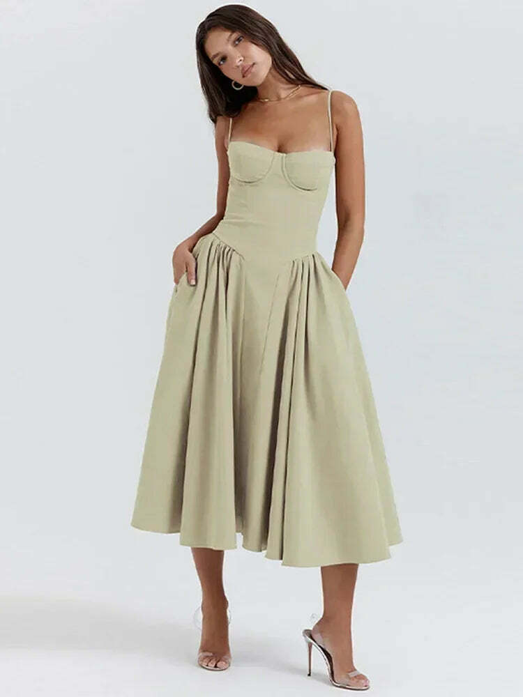 Y2K Sexy Solid Spaghetti Strap Pleated Backless Midi Dress - Elegant Grunge Party Outfit