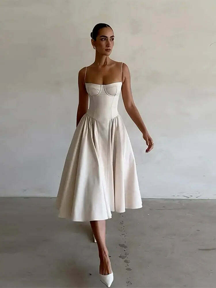 Y2K Sexy Solid Spaghetti Strap Pleated Backless Midi Dress - Elegant Grunge Party Outfit