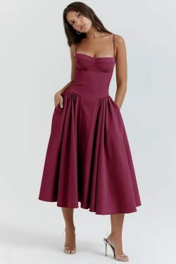 Y2K Sexy Solid Spaghetti Strap Pleated Backless Midi Dress - Elegant Grunge Party Outfit