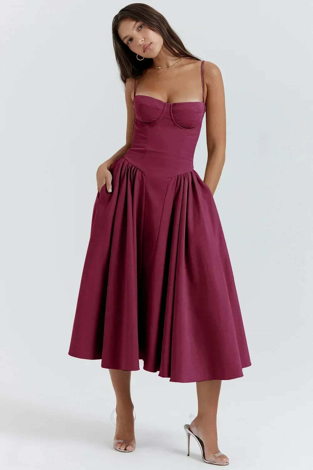 Y2K Sexy Solid Spaghetti Strap Pleated Backless Midi Dress - Elegant Grunge Party Outfit