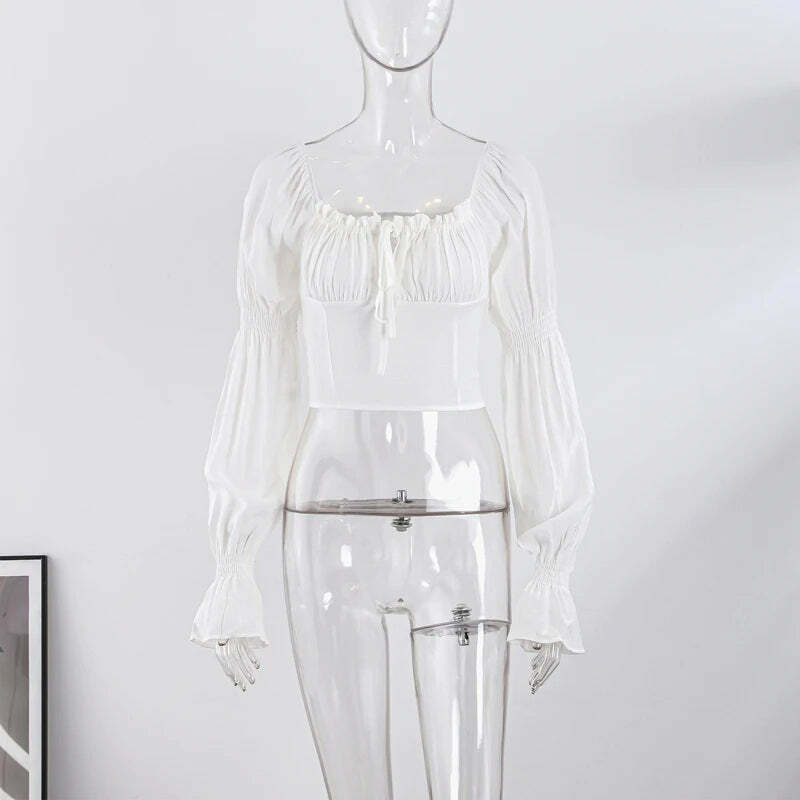Y2K Slash Neck Top - Bubble Sleeves, Korean Spring Fashion, Casual Grunge Blouse, Retro 90S Style